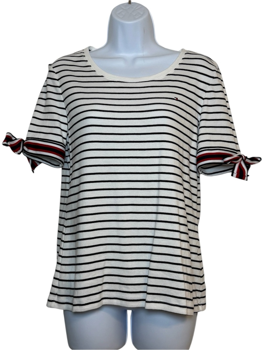 Tommy Hilfiger Striped Bow Sleeve Tee White Navy Red Cotton Top Size Large